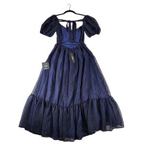 Lulu's NEW Navy Swiss Dot‎ Puff Sleeve Tie Open Back Midi Dress Wedding Dress XS